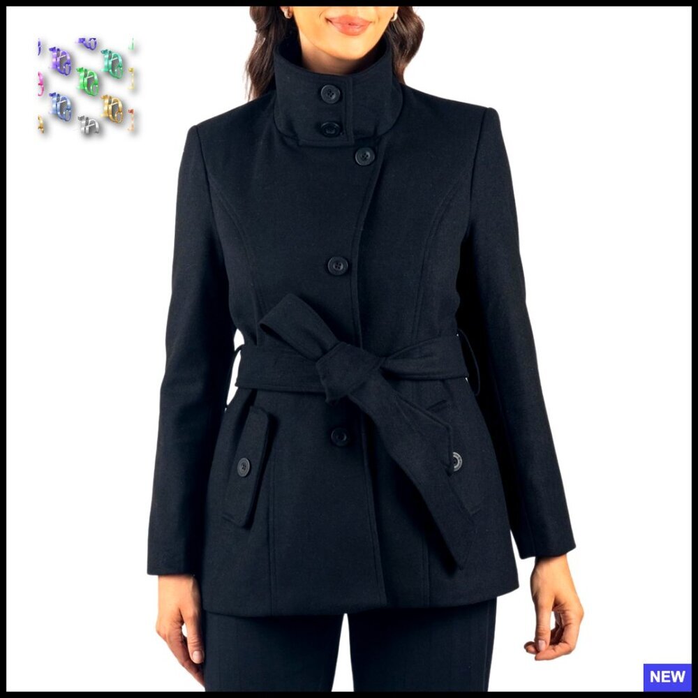 Wool Blend Peacoat Convertible Collar Removable Belt 3-in-1 Chic Sophisticated